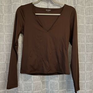 Old Navy Women's V-Neck Brown Double Lined Long Sleeve Tee
